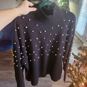 High Neck Pearl Embellished Oversized Black Sweater